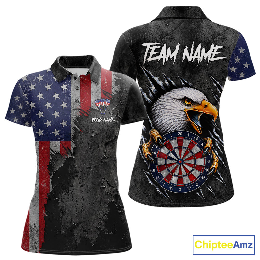 Personalized Grunge American Flag Eagle Women's Darts Polo Shirt Mockup, Patriotic Dart Team Jersey