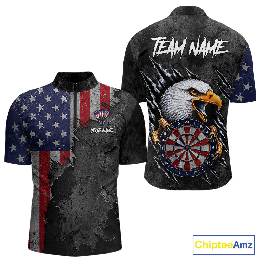 American Flag Eagle Men's Quarter-Zip Darts Jersey Mockup, Custom Tournament Shirt