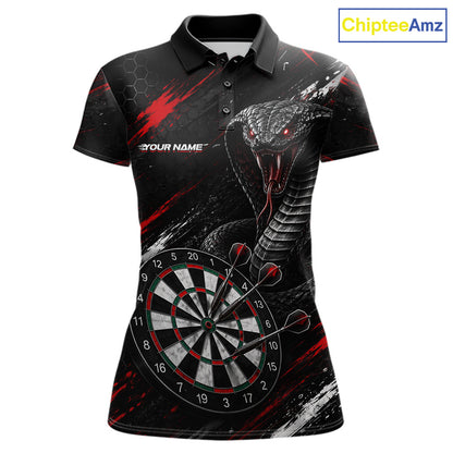 Black Red Cobra Women's Darts Polo Shirt Mockup, Custom Cobra Dart Tournament Jersey, Personalized League Apparel