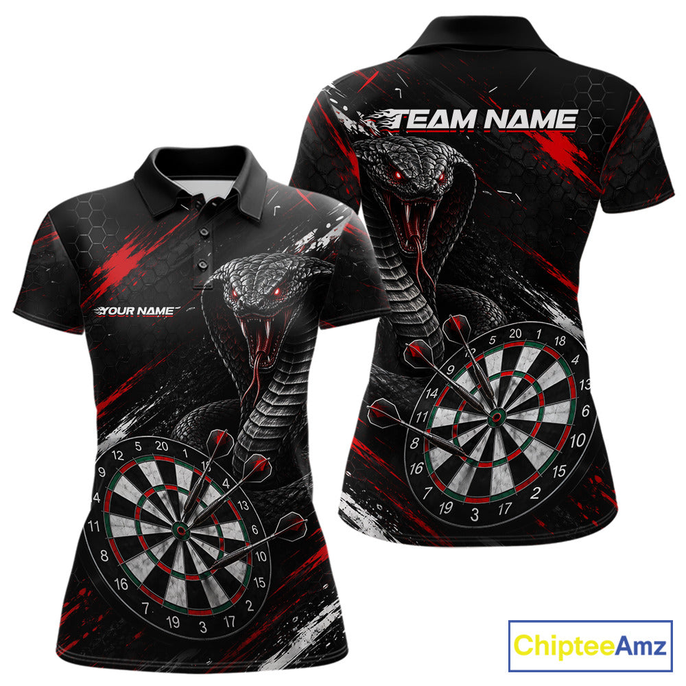 Black Red Cobra Women's Darts Polo Shirt Mockup, Custom Cobra Dart Tournament Jersey, Personalized League Apparel