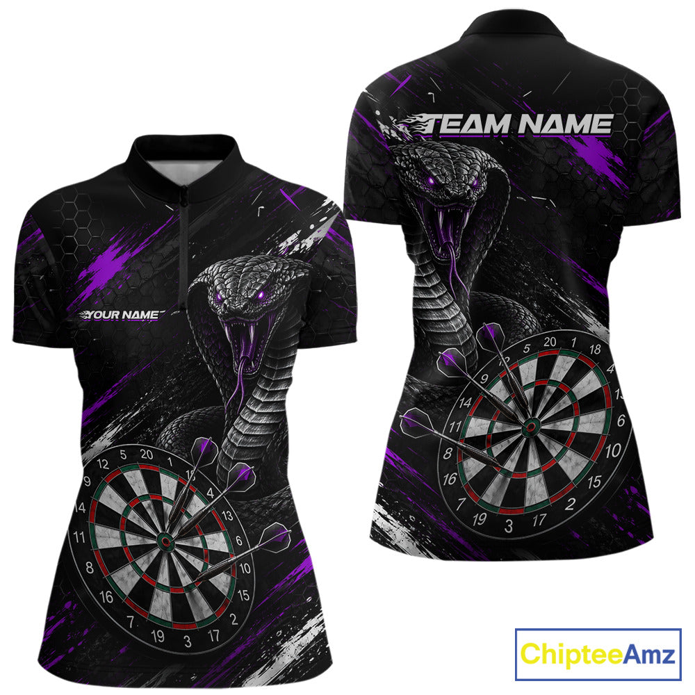 Black Purple Cobra Women's Quarter-Zip Darts Shirt Mockup, Personalized Cobra Tournament Apparel
