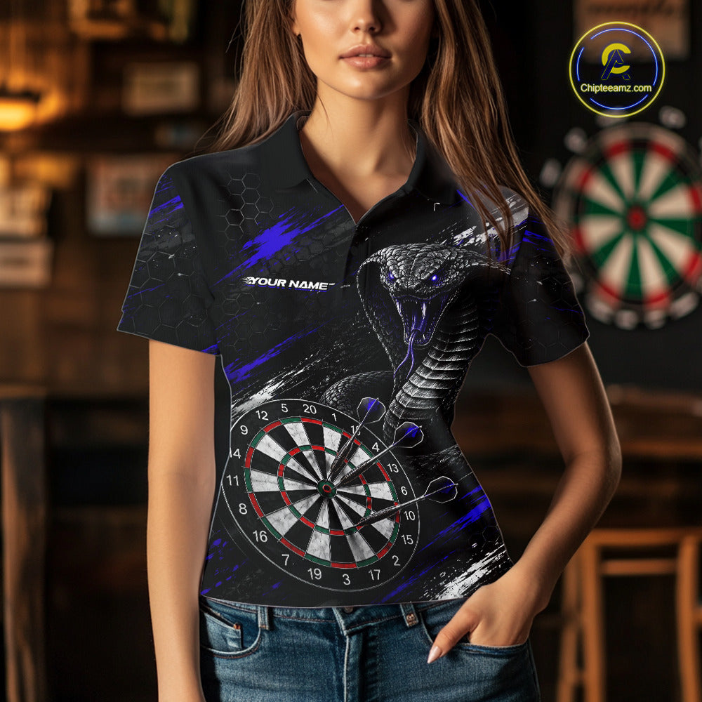 Female model wearing Black Blue Cobra Women's Dart Polo, Custom League Apparel