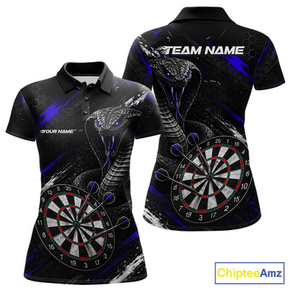 Black Blue Cobra Women's Darts Polo Shirt Mockup, Custom Cobra Dart Tournament Jersey, Personalized League Apparel