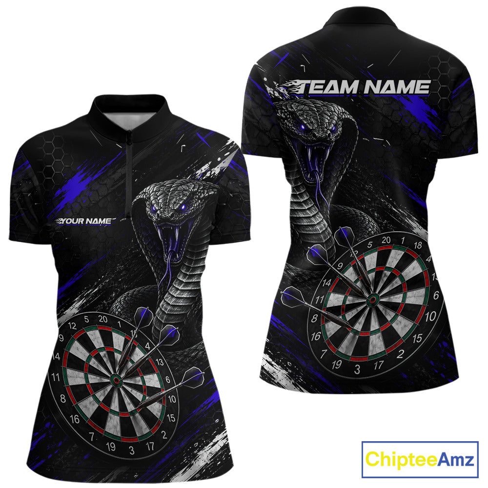 Black Blue Cobra Women's Quarter-Zip Darts Shirt Mockup, Personalized Cobra Tournament Apparel