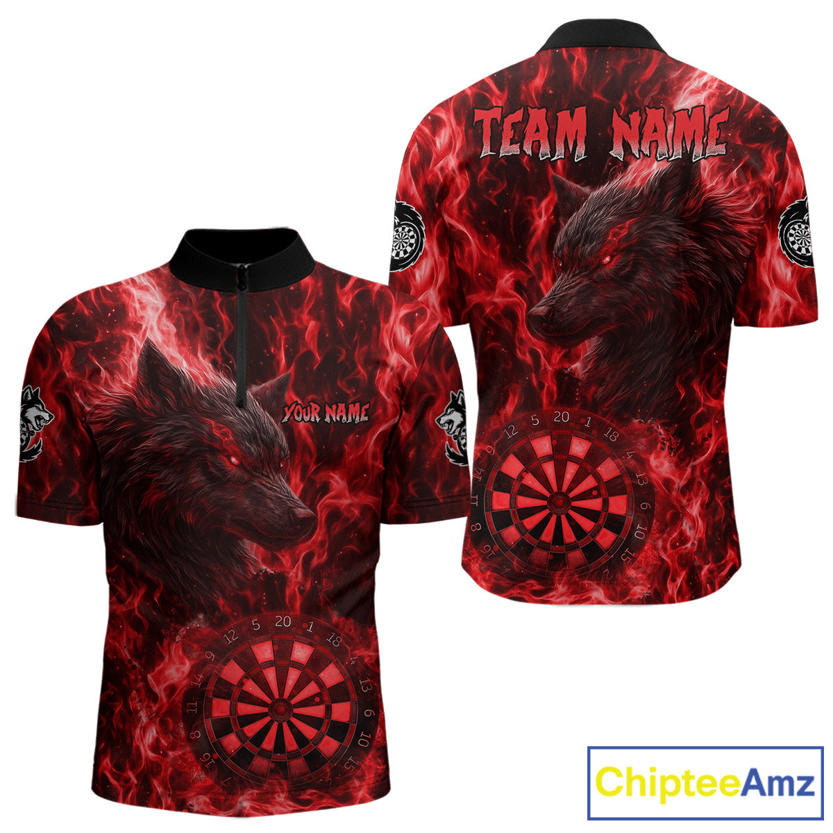 Custom Black Blue Flames Wolf Dartboard Dart Men Quarter-Zip Shirt Outfits Dart Jerseys NYN1618