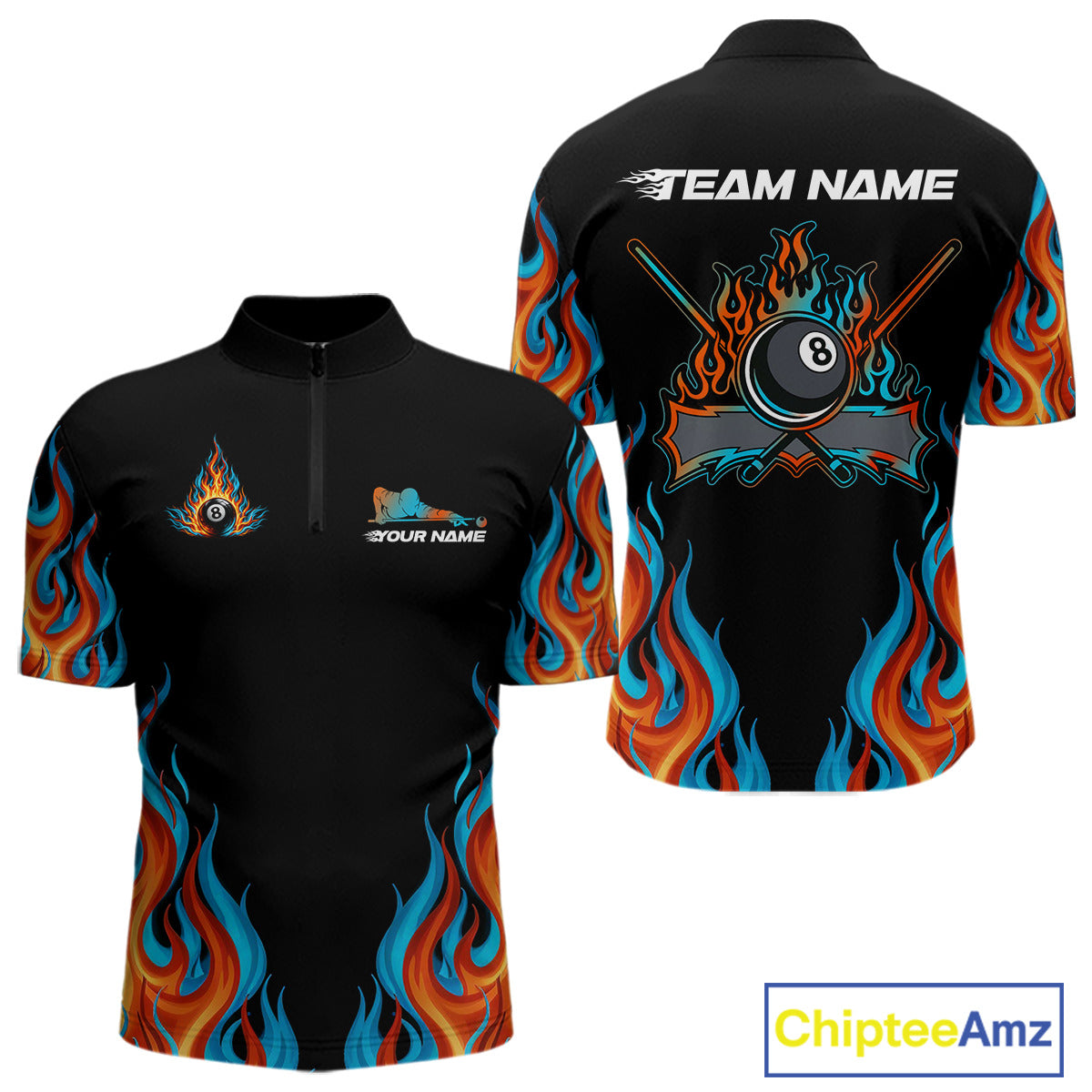 Red And Blue Flames 8 Ball Pool Billiard Team Shirt For Men Custom Billiard Balls Jerseys NYN2441