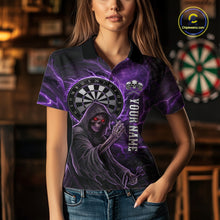 Load image into Gallery viewer, Grunge Purple Grim Reaper Women Darts Polo &amp; 1/4-Zip Shirts Custom Thunder Lightning Darts Team Jersey NYN3037