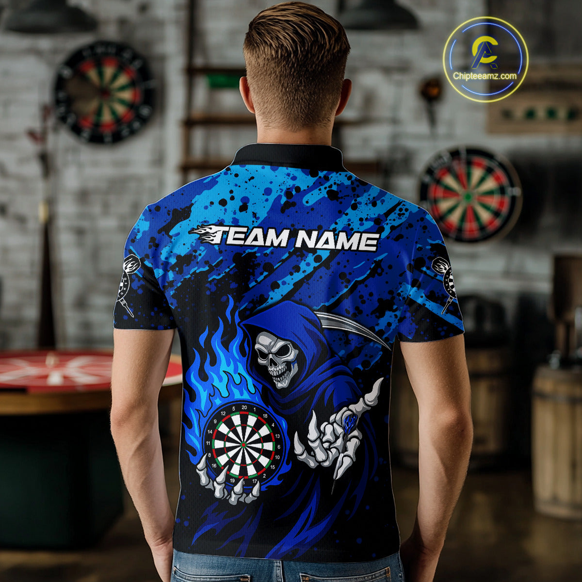 Custom Grim Reaper Blue Flames Dartboard Dart Men Polo Shirt Splatter Grunge Dart Jerseys NYN1631