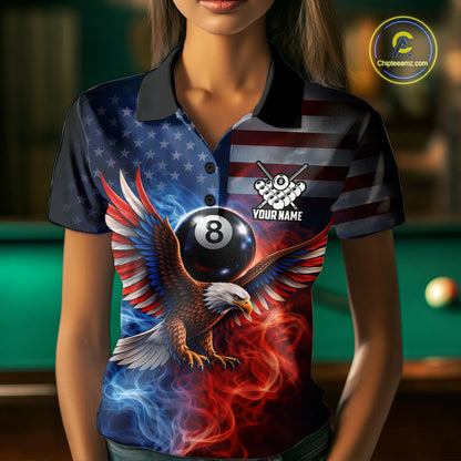 Blue & Red Flames Eagle 8 Ball 9 Ball Pool Billiard Shirt For Women Custom US Flag Billiard Jersey NYN3050