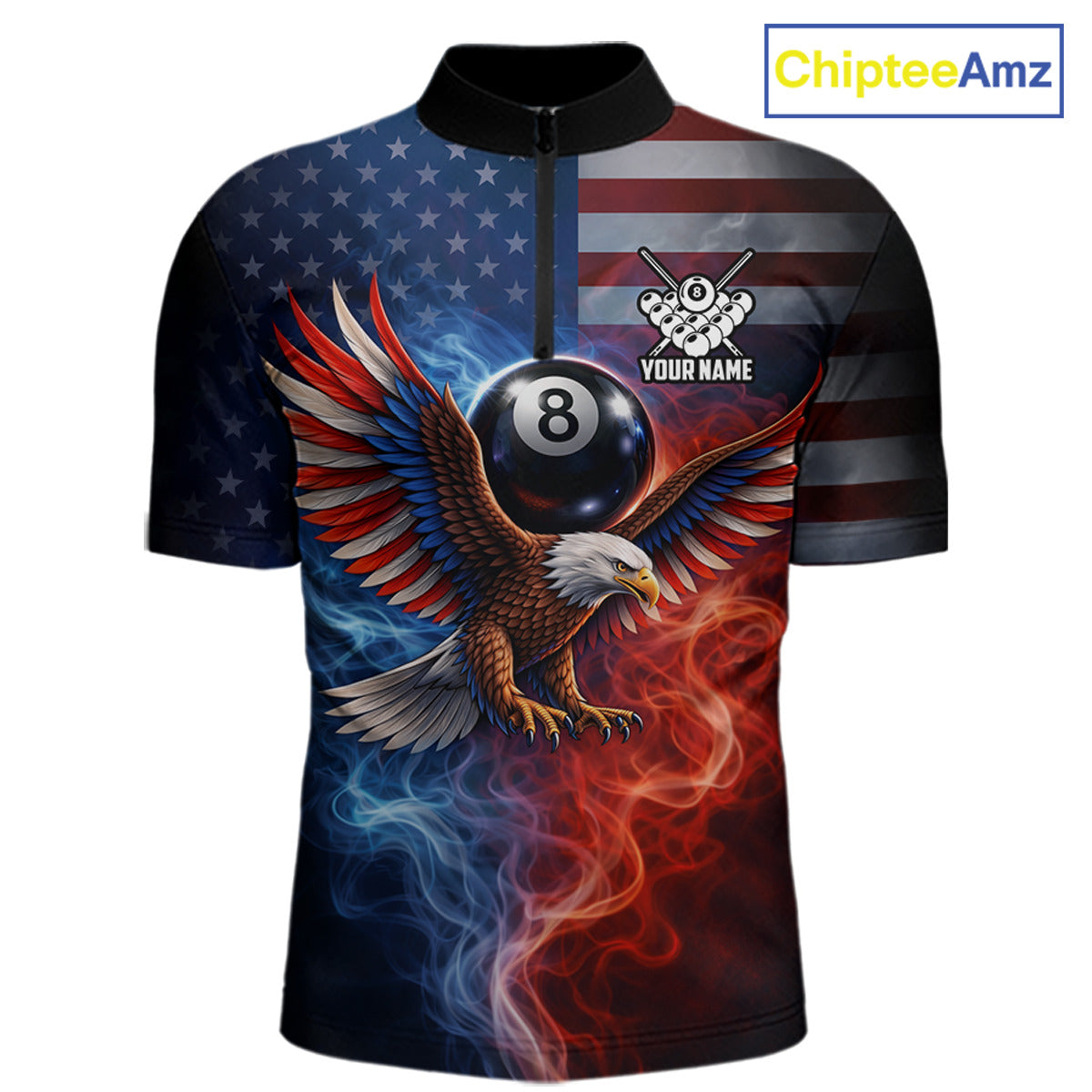 Blue & Red Flames Eagle 8 Ball 9 Ball Pool Billiard Shirt For Men Custom US Flag Billiard Jersey NYN3050