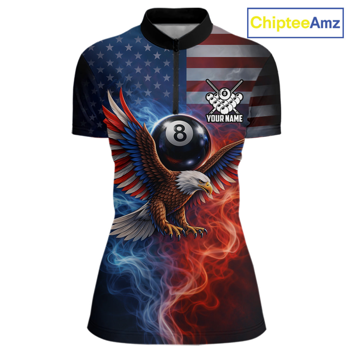Blue & Red Flames Eagle 8 Ball 9 Ball Pool Billiard Shirt For Women Custom US Flag Billiard Jersey NYN3050