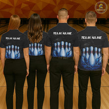 Load image into Gallery viewer, Bowling team wearing blue splatter bowling pin shirts custom grunge bowling team jerseys for tournaments