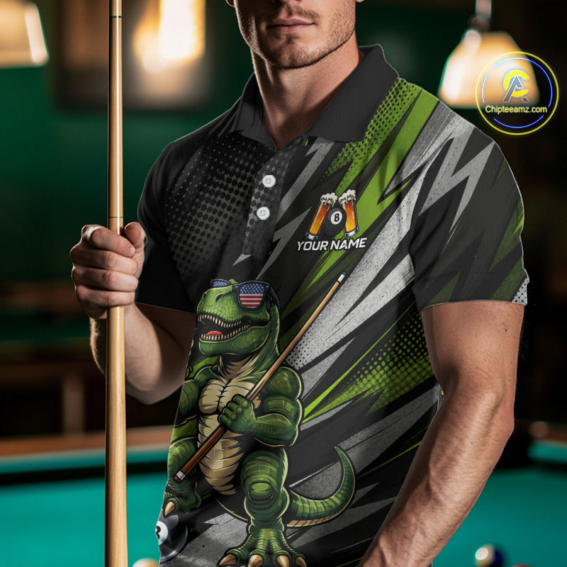 Male model wearing Funny Dinosaur pool jersey featuring beer-drinking dinosaur mascot, personalized cue sports tournament apparel, championship league clothing, novelty sportswear for fun-loving competitors