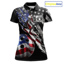 Load image into Gallery viewer, Personalized Smoke US Flag women's bowling polo shirt custom patriotic bowling team uniform, personalized bowling jersey, ladies bowling league apparel, tournament bowling shirt