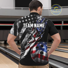 Load image into Gallery viewer, Male bowler wearing personalized Smoke US Flag bowling jersey during league tournament competition, patriotic bowling apparel