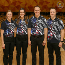 Load image into Gallery viewer, Men women bowling team wearing personalized Smoke US Flag patriotic bowling uniforms, custom bowling team jerseys for league and tournament play
