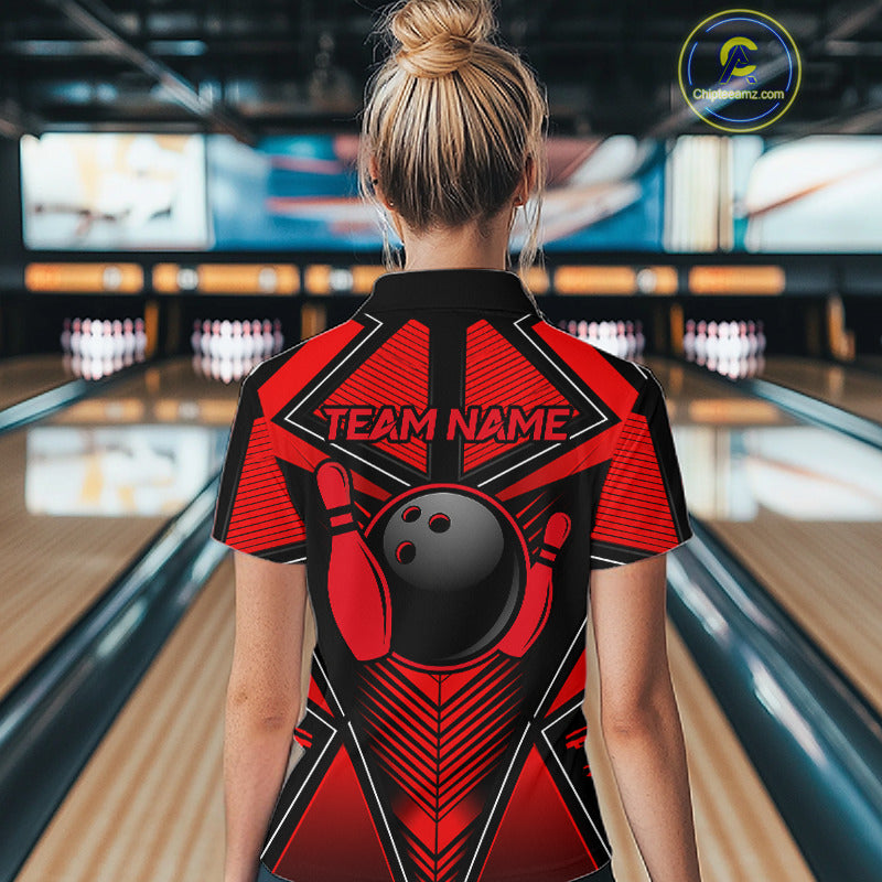 Female bowler celebrating strike while wearing Black & Red bowling jersey, custom bowling team apparel, championship sportswear, victory symbolism, league competition clothing.