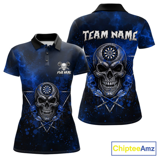 Custom Blue Splatter Multi-Skull Women Darts Arrow Polo League Shirts Dart Team Jerseys NYN2201