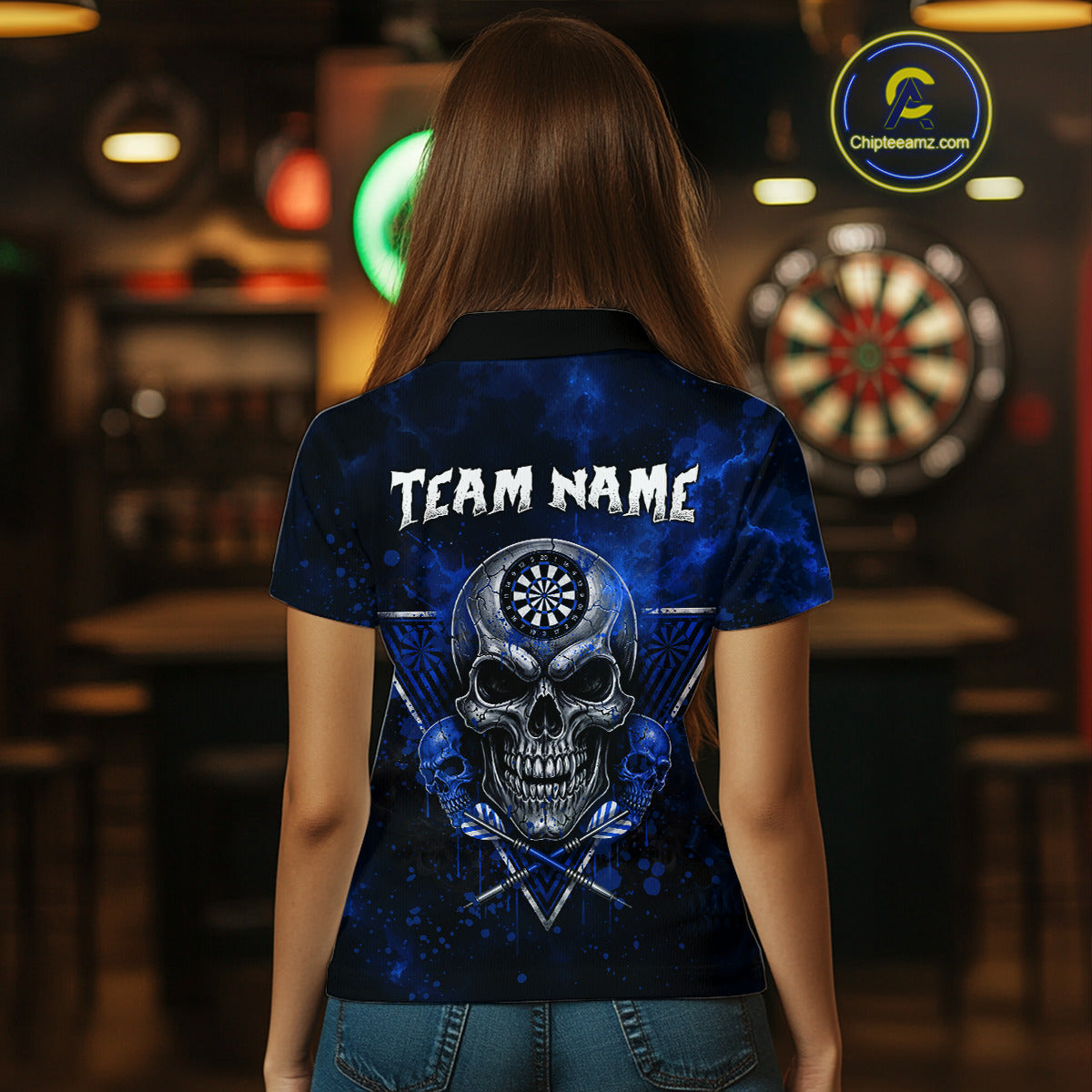 Custom Blue Splatter Multi-Skull Women Darts Arrow Polo League Shirts Dart Team Jerseys NYN2201