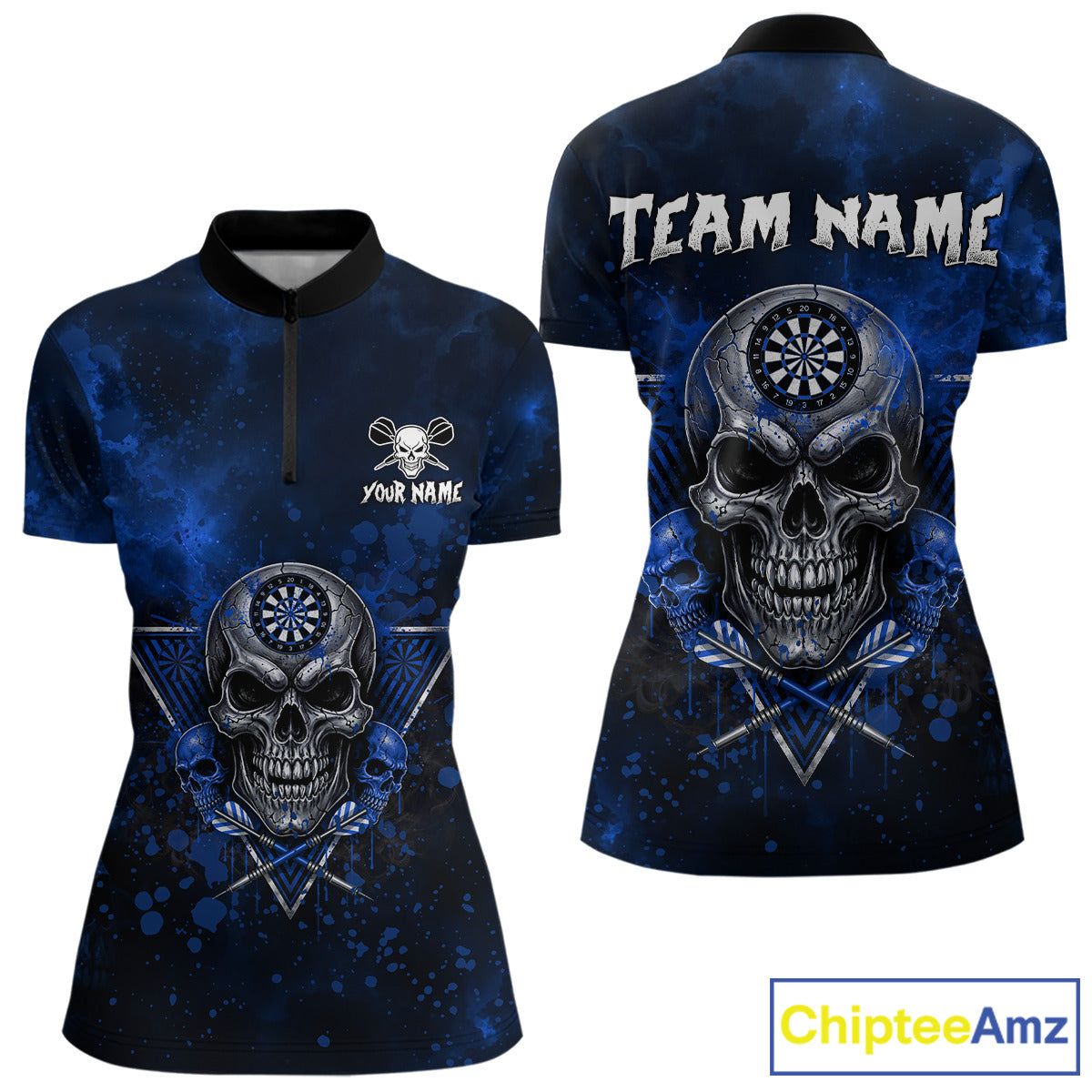 Custom Blue Splatter Multi-Skull Women Darts Arrow Quarter-Zip League Shirts Dart Team Jerseys NYN2201