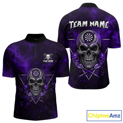 Custom Purple Splatter Multi-Skull Men Darts Arrow Quarter-Zip League Shirts Dart Team Jerseys NYN2202
