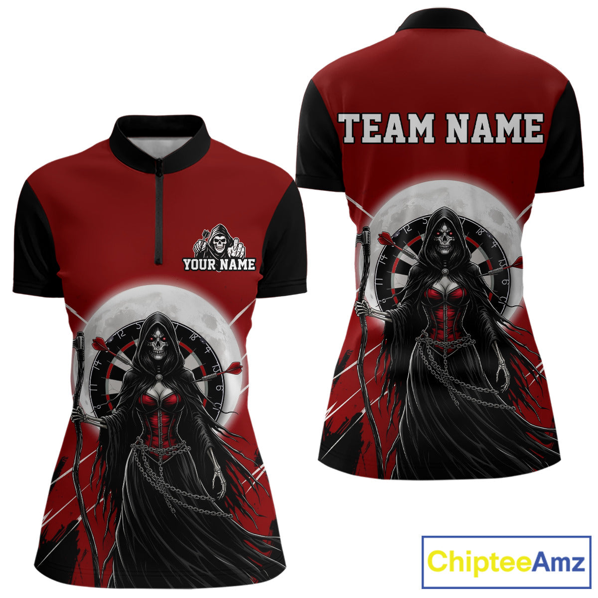 Black And Red Grim Reaper Moon Dartboard Women Men Darts Quarter-Zip Shirt Gothic Dart Jerseys NYN1947