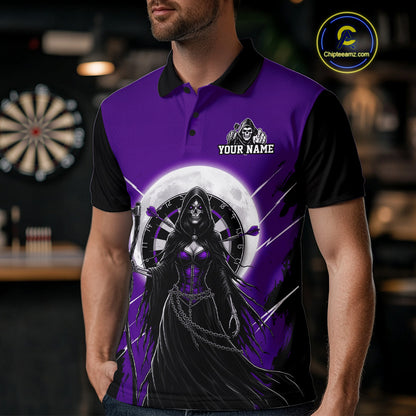 Black And Purple Grim Reaper Moon Dartboard Custom Men Darts Polo Shirt Gothic Dart Jerseys NYN1949