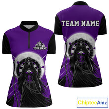 Load image into Gallery viewer, Black And Purple Grim Reaper Moon Dartboard Custom Women Darts Quarter-Zip Shirt Gothic Dart Jerseys NYN1949