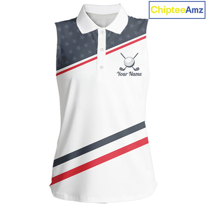 Womens Golf Sleeveless Polo Shirt Custom American Flag White Golf Shirt Patriotic Polo Team Clothing Attire NYN2852