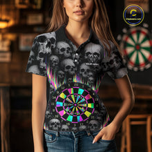 Load image into Gallery viewer, Female darts player wearing Grey Skull Pattern Colorful Strike dart jersey during league match and tournament competition