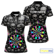 Load image into Gallery viewer, Grey Skull Pattern Colorful Strike women's darts polo shirt, personalized dart team jersey, custom dart uniform, dartboard apparel, league tournament darts shirt