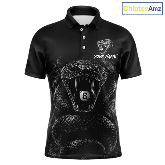 Grey Smokes Cobra men's billiard polo shirt custom 8 ball pool jersey, personalized billiards team uniform, pool league apparel,