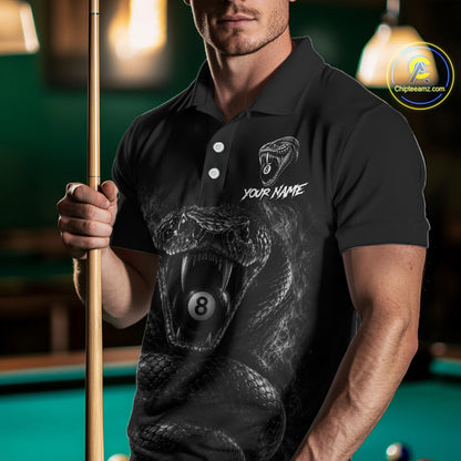 Male billiards player wearing Grey Smokes Cobra 8 ball pool jersey during APA league tournament competition, personalized billiard apparel