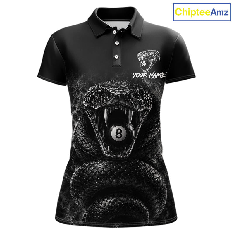 Grey Smokes Cobra women's billiard polo shirt custom 8 ball pool jersey, personalized billiards team uniform, pool league apparel, APA BCA tournament shirt