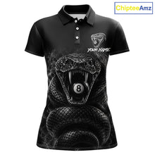 Load image into Gallery viewer, Grey Smokes Cobra women's billiard polo shirt custom 8 ball pool jersey, personalized billiards team uniform, pool league apparel, APA BCA tournament shirt