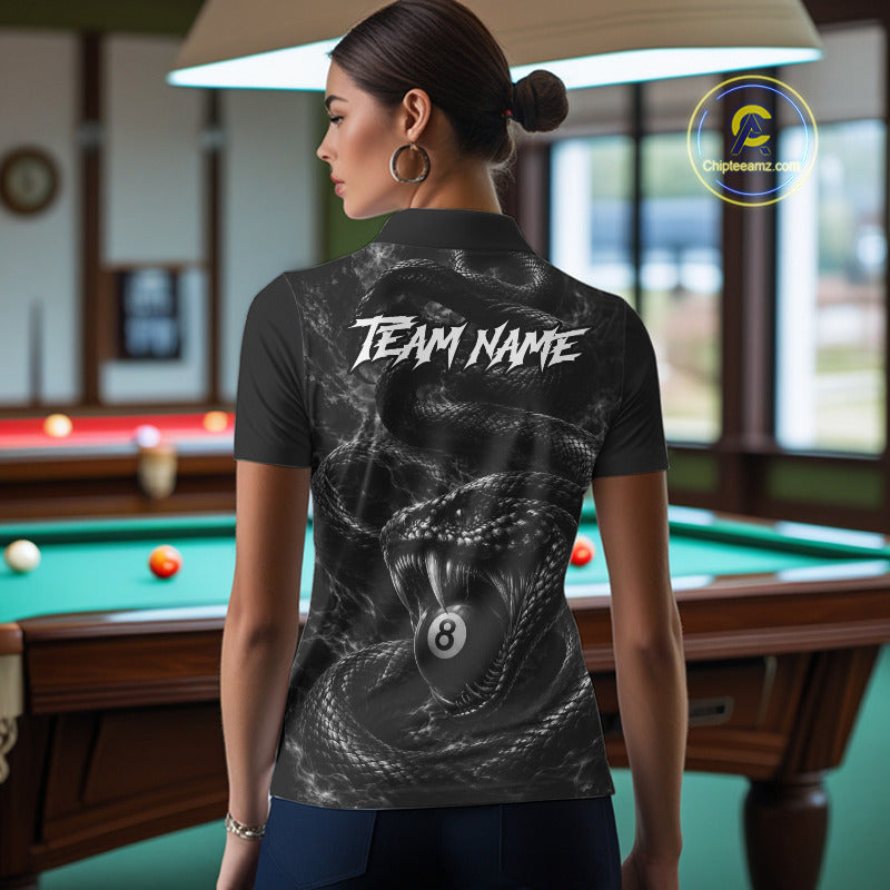 Female billiards player wearing Grey Smokes Cobra 8 ball pool jersey during APA league tournament competition, personalized billiard apparel