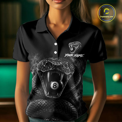 Female billiards player wearing Grey Smokes Cobra 8 ball pool jersey during APA league tournament competition, personalized billiard apparel