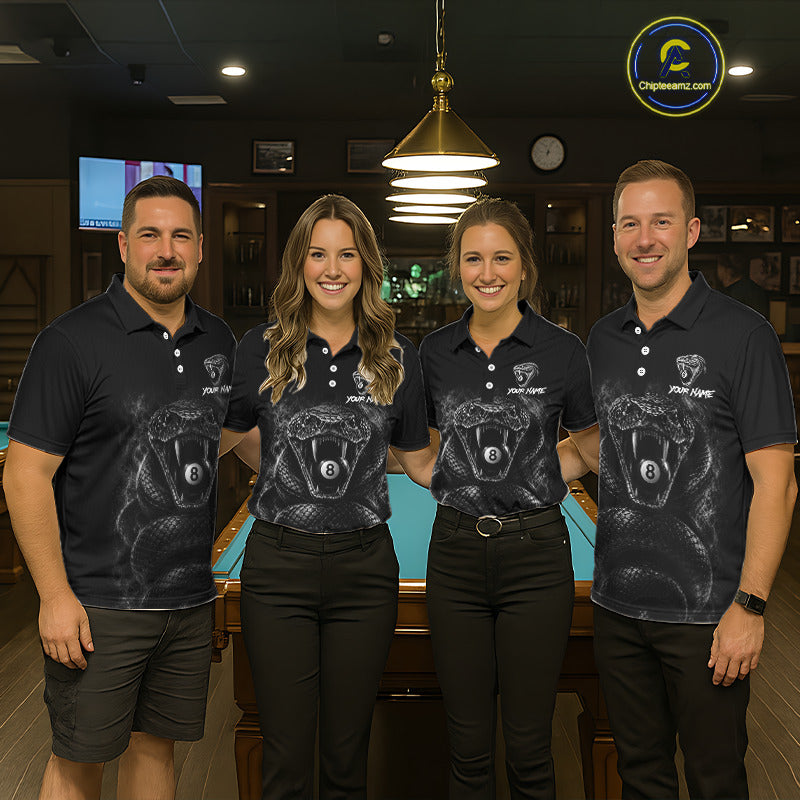 Men women billiard team wearing Grey Smokes Cobra custom 8 ball pool uniforms, professional pool league jerseys for tournament play