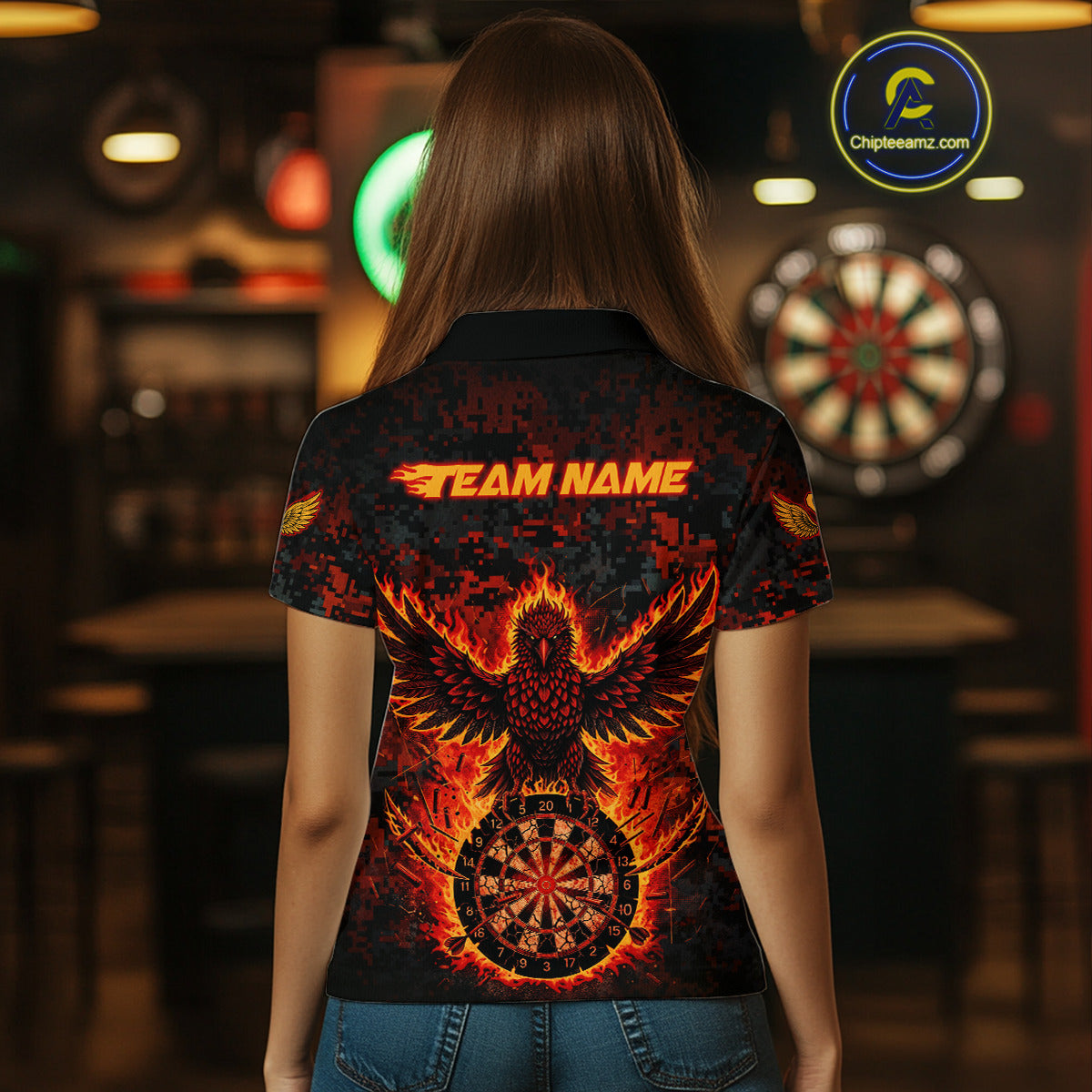 Custom Red Flames Eagle Digital Camo Darts Polo Shirt For Women Cracked Dart Jerseys NYN1958