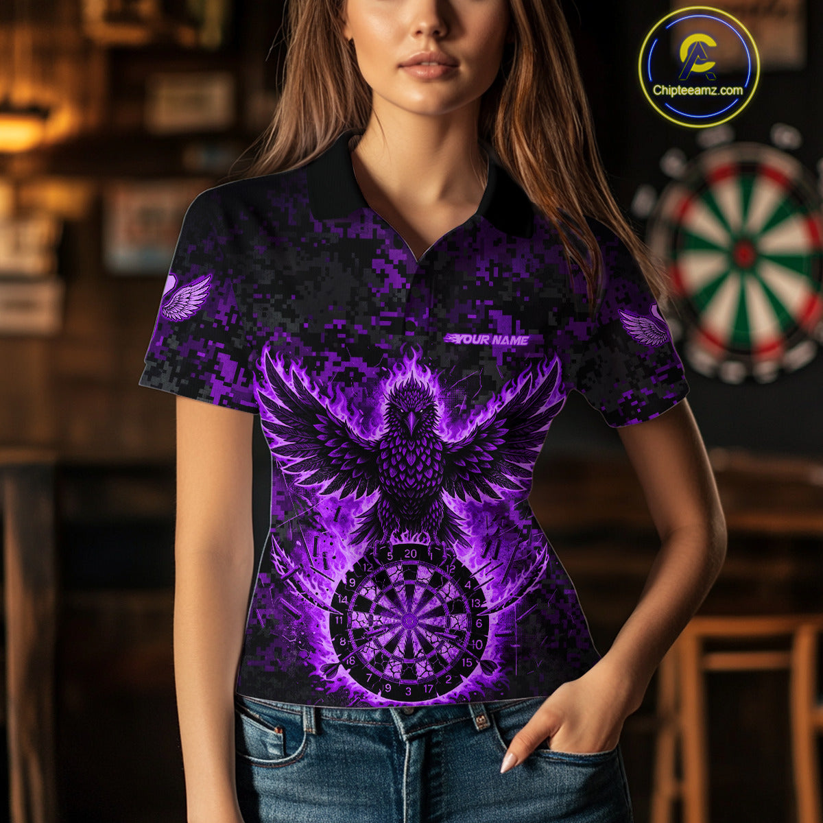 Custom Red Flames Eagle Digital Camo Darts Polo Shirt For Women Cracked Dart Jerseys NYN1959