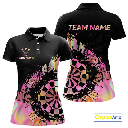 Pink Holographic Dartboard Grunge Darts Polo Shirts For Women Custom Name For Darters NYN2705
