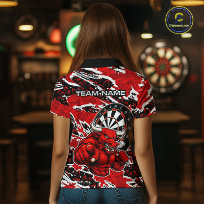 Personalized Women Darts Bull Grunge Red Polo Shirt Custom Name Polo 1/4-Zip Shirt Gift For Darters NYN2856