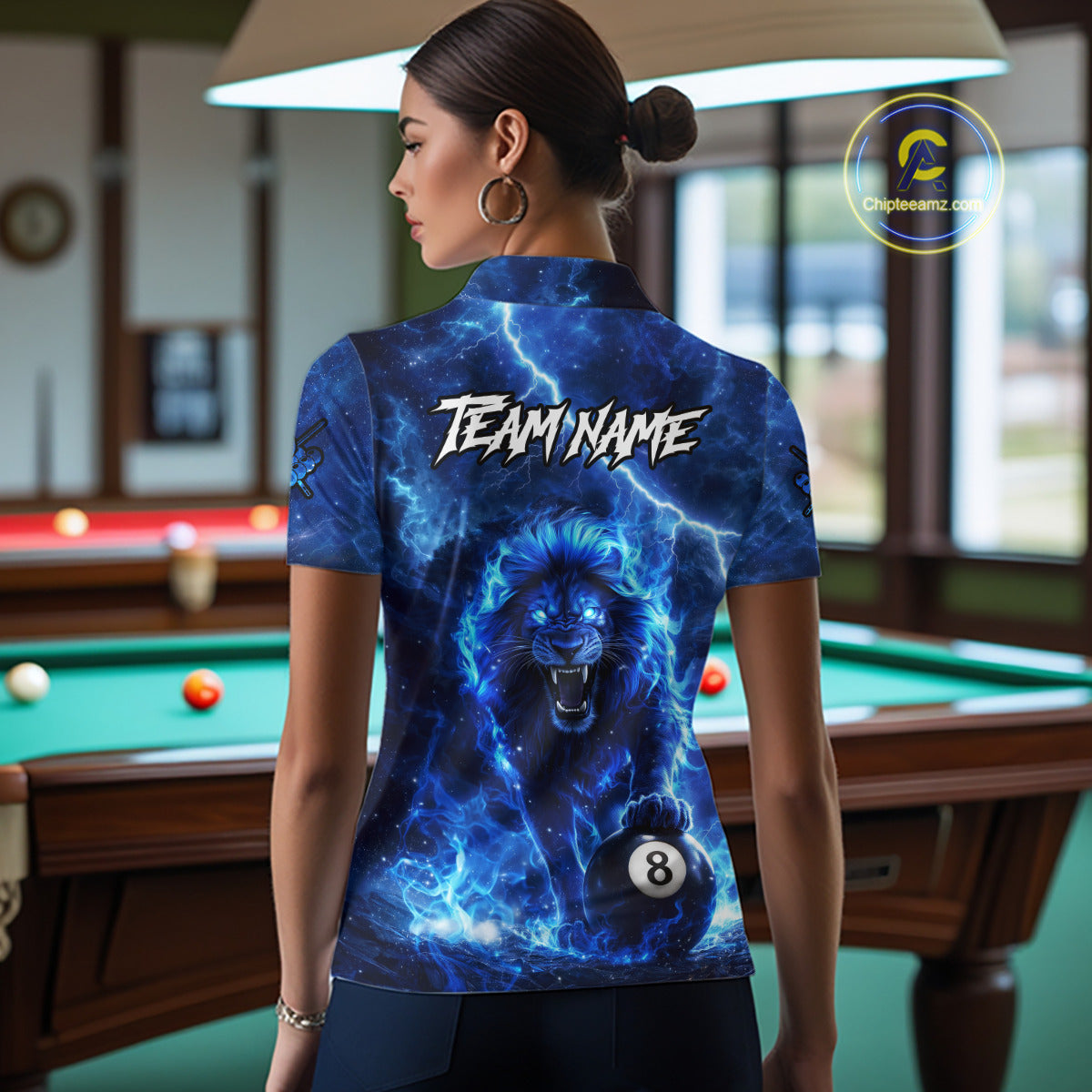 Personalized Billiards Shirt Blue Flames Lion 8 Ball Pool For Women Billiard Jersey Customized Name NYN2860