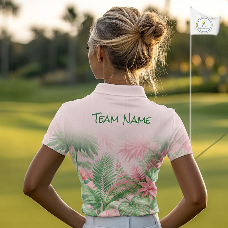 Personalized Green And Pink Tropical Pattern Custom Golf Polo Shirt For Women Golf Team Clothes NYN2864