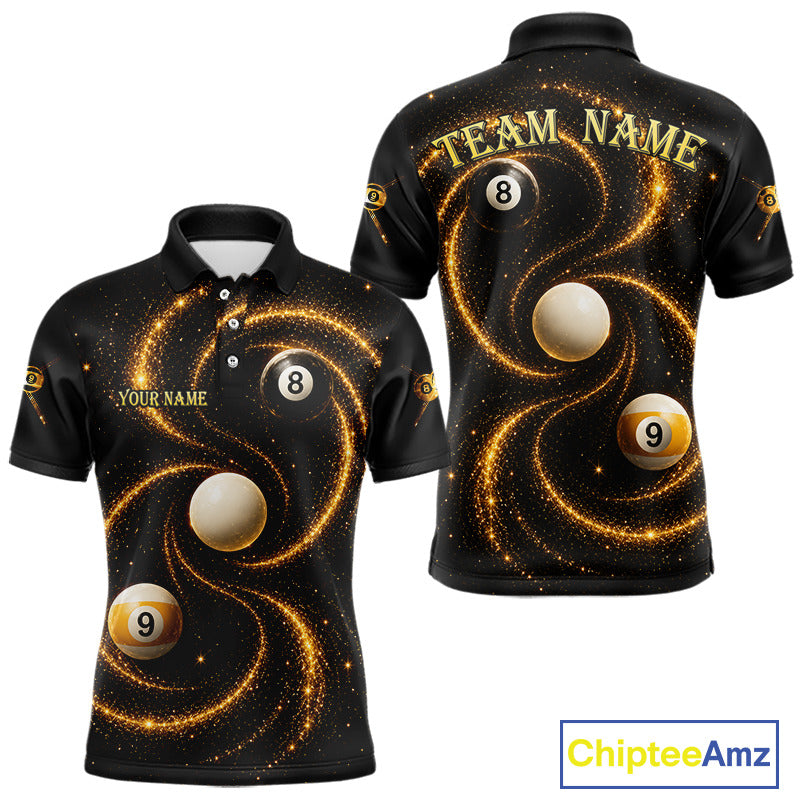 Black and Yellow Galaxy men's billiard polo shirt custom 8 ball 9 ball pool jersey, personalized billiards team apparel