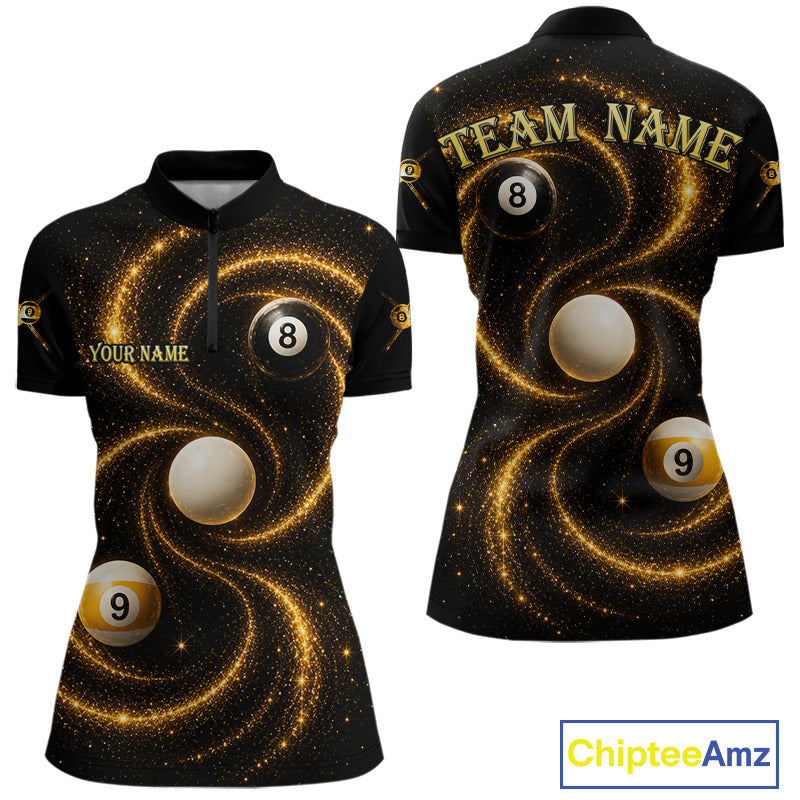 Black and Yellow Galaxy women's quarter zip billiard shirt custom pool league jersey, professional cue sports uniform