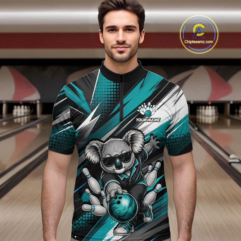 Male bowler wearing Funny Bear bowling jersey featuring wilderness-inspired mascot graphics, personalized league apparel, confidence, leadership, strength, custom athletic bowling clothing.