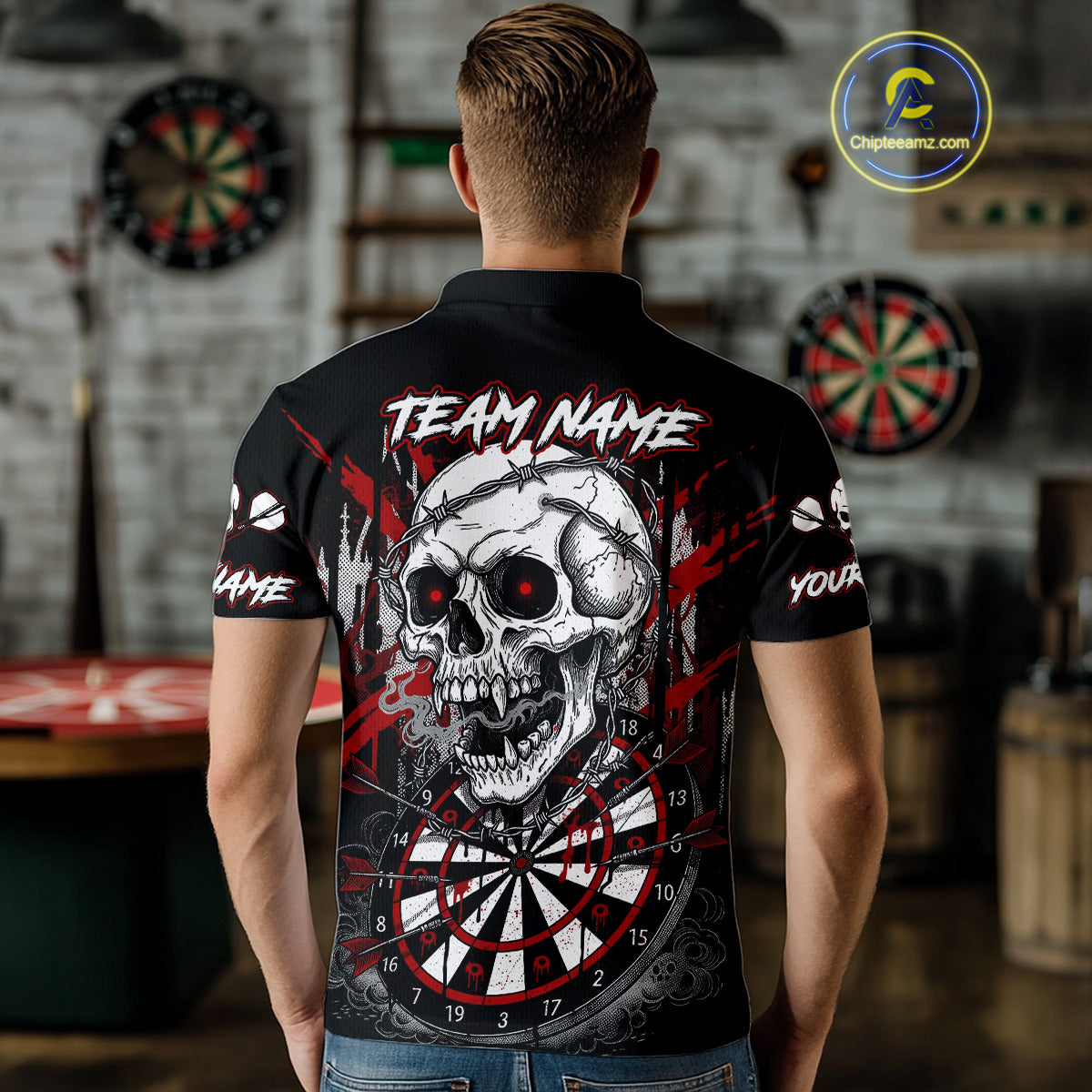 Custom Red Grey Skull Barbed Wire Dartboard Grunge Darts Polo Shirt For Men Dart Gifts NYN1968