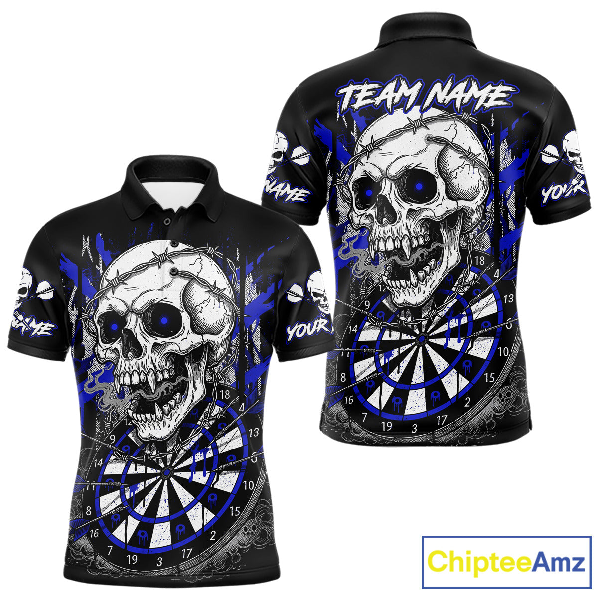 Custom Blue Grey Skull Barbed Wire Dartboard Grunge Darts Polo Shirt For Men Dart Gifts NYN1970
