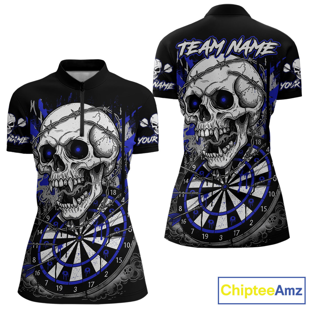 Custom Blue Grey Skull Barbed Wire Dartboard Grunge Darts Quarter-Zip Shirt For Women Dart Gifts NYN1970
